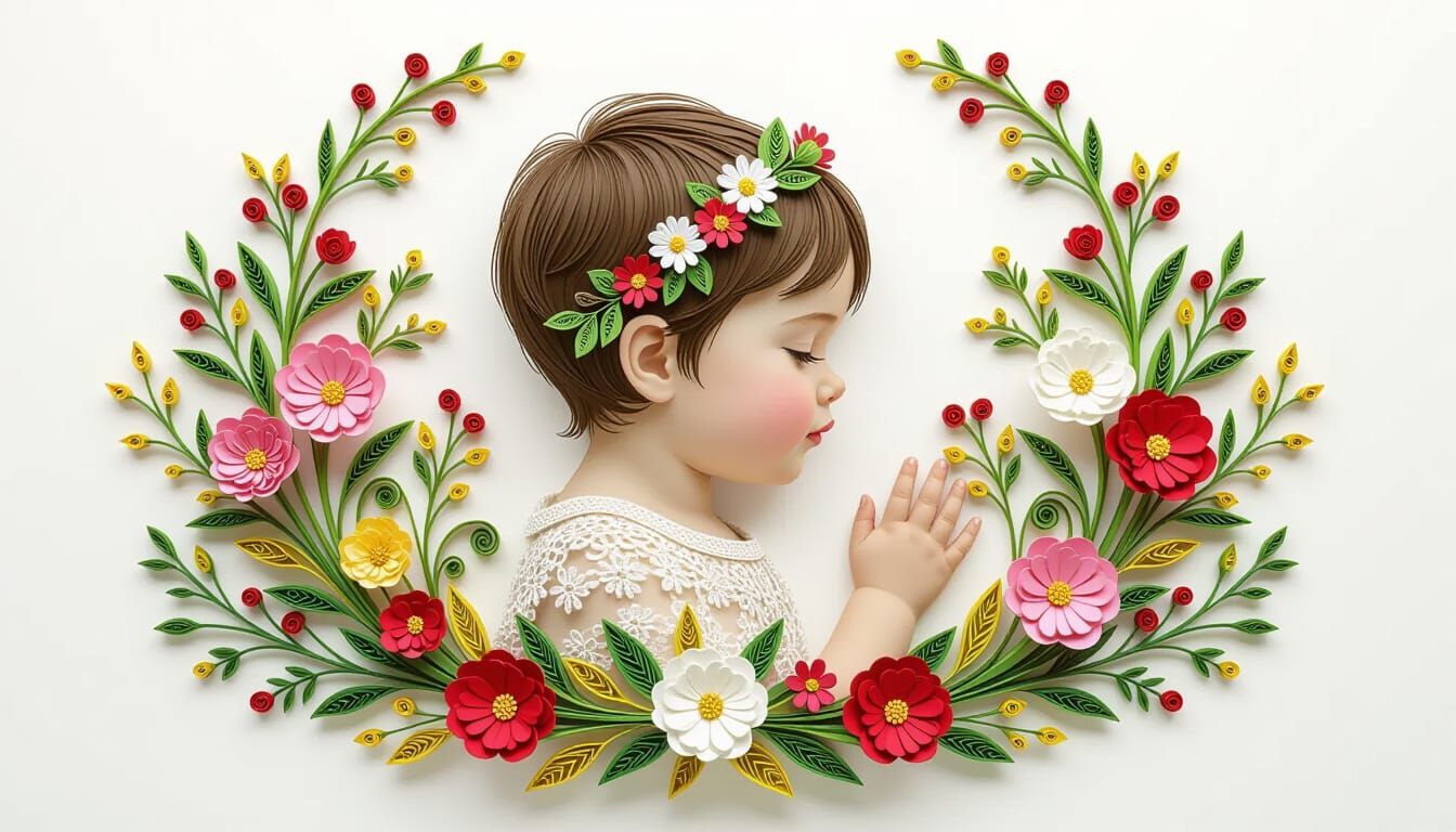 Baby Girl in Floral Paper-Cut Style