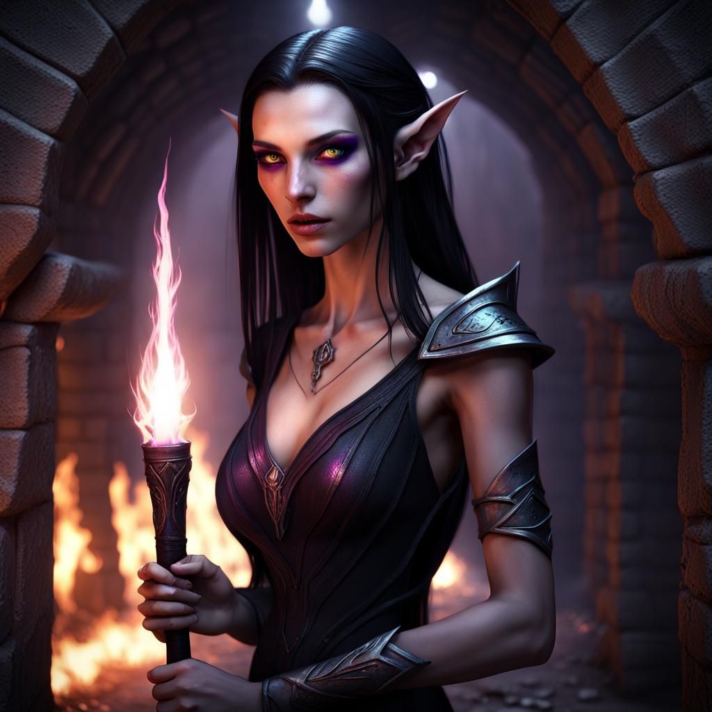 Beautiful Dark Elf Princess in Underground Tunnel
