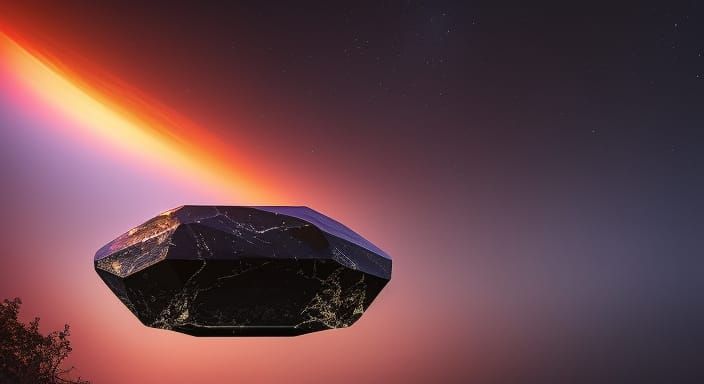 Floating Obsidian Crystal in Surreal Landscape