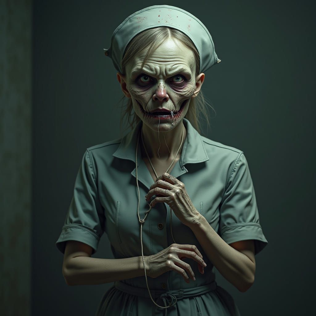 Aged, Terrifying Female Nurse in Gothic, Dark Fantasy Style
