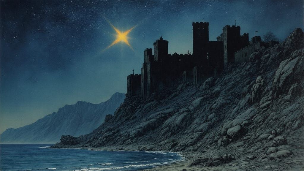 Black Fortress on Greek Cliffs Under Starlit Sky