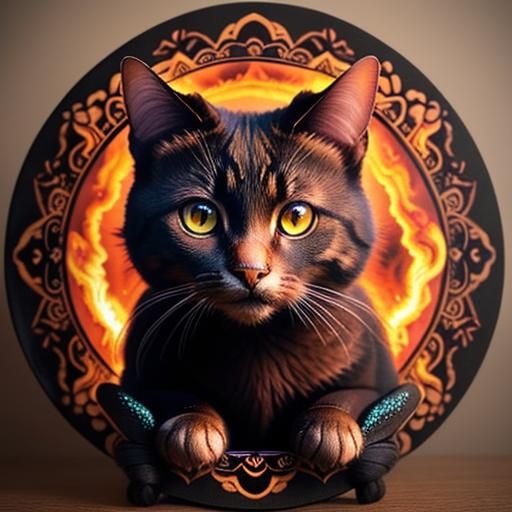 Fiery Mandala: Cat Portrait in Digital Art