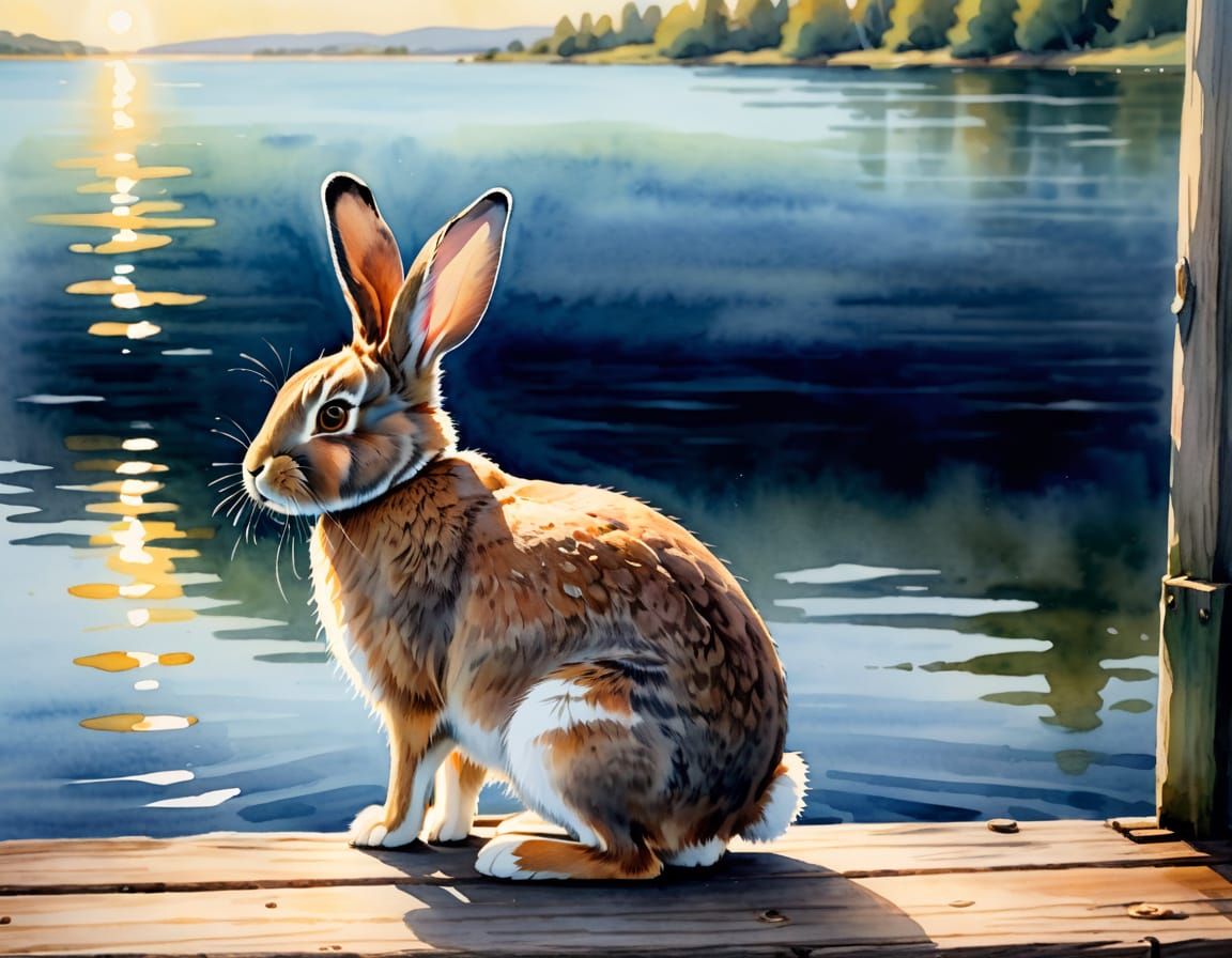 Rabbit Contemplates the Water: Watercolor Painting