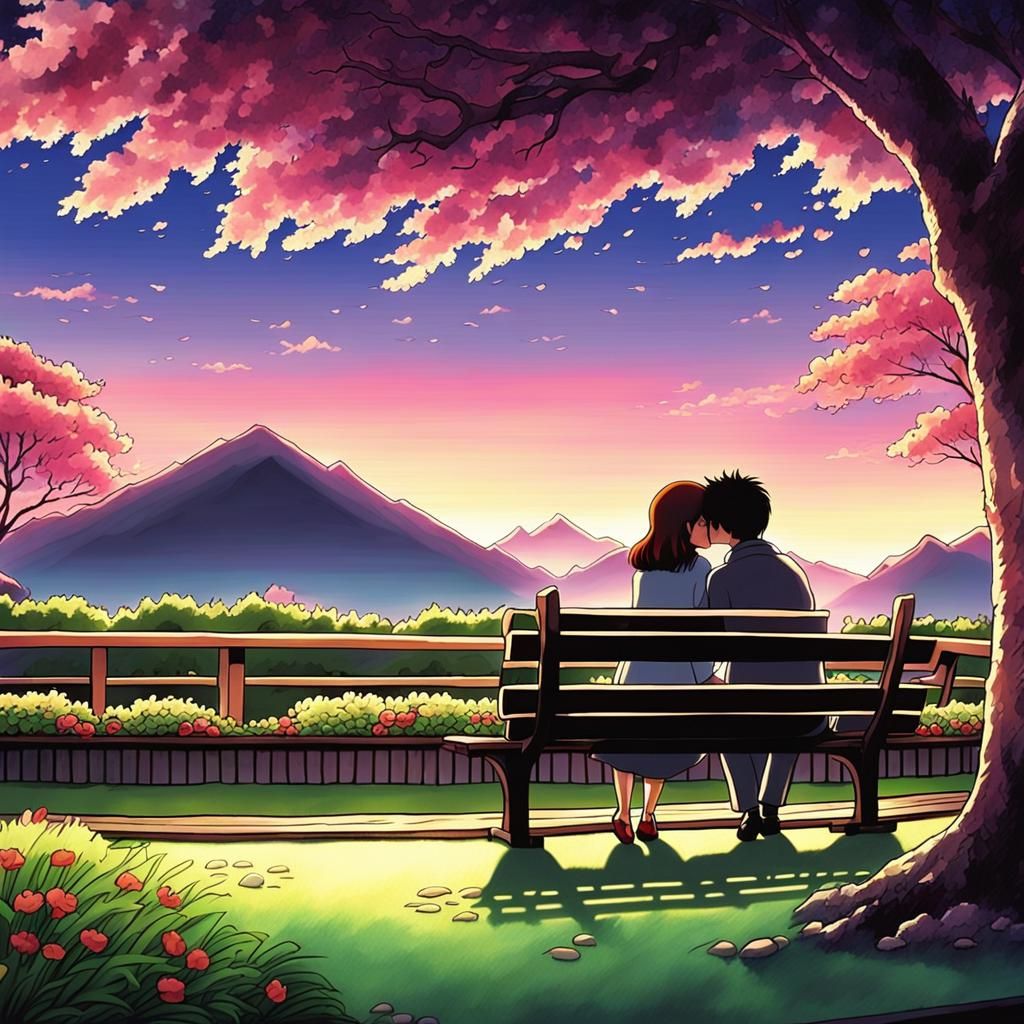 Romantic Anime Kiss in Twilight Japanese Garden