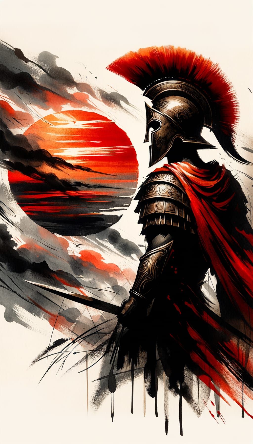 Spartan Warrior Silhouette in Sumi-e Style