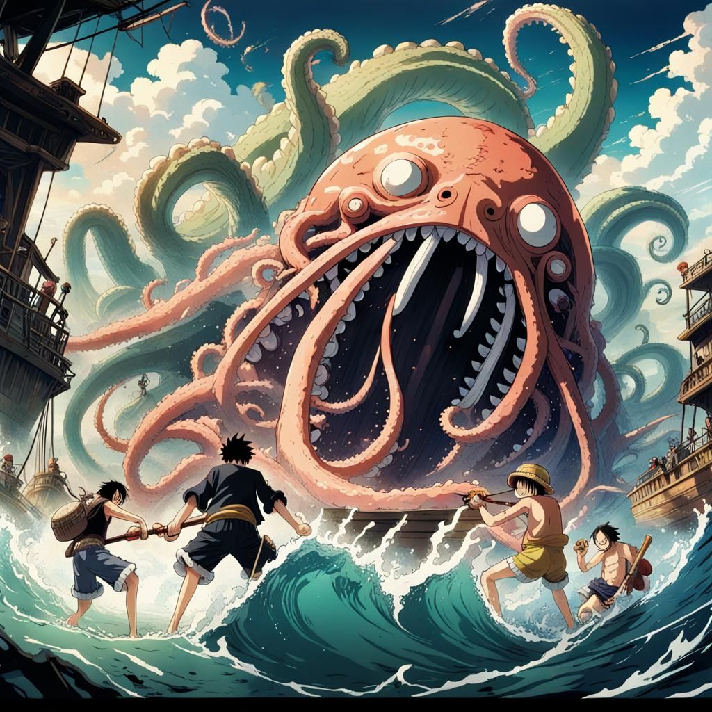 Anime Characters Fight Kraken in Ghibli Style