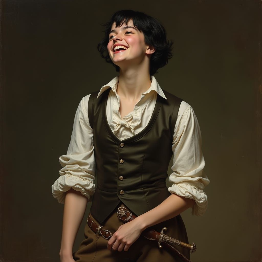 Androgynous Gentlewoman in 18th Century Attire, Laughing wit...