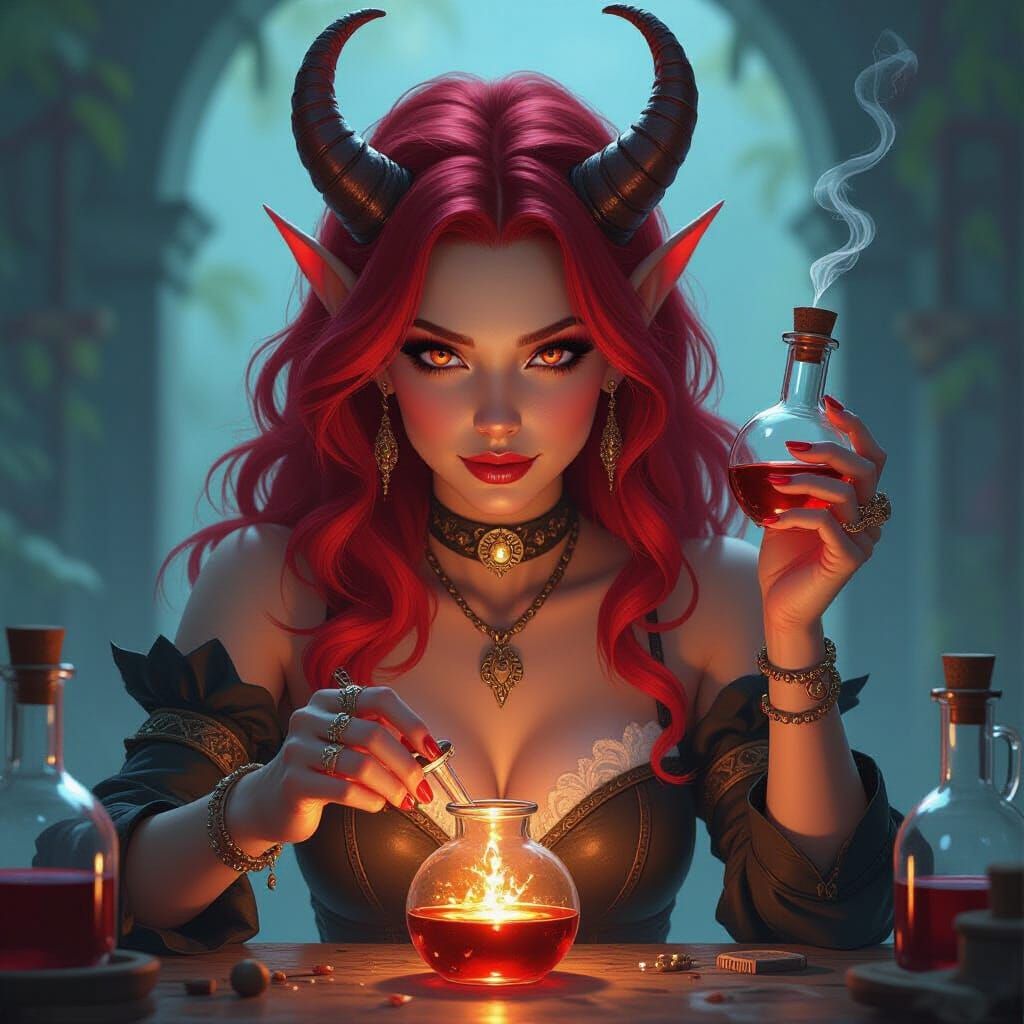 Tiefling Alchemist Mixing Potions in Fantasy Art Style