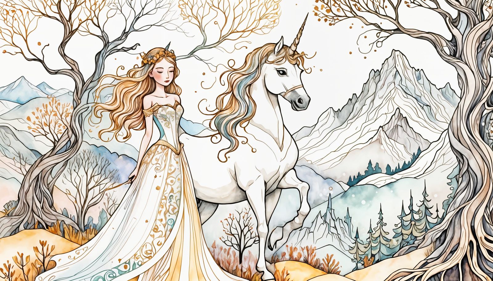 Princess and Unicorn in Doodle Fantasy Landscape