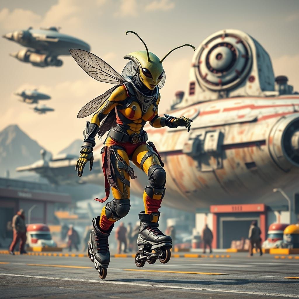 Futuristic Alien Warrior in Dynamic Rollerblading Pose