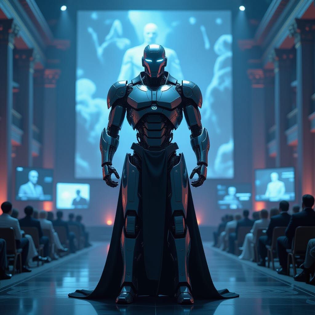 Cyborg Delivers Speech in Grand Hall: Photorealistic Art