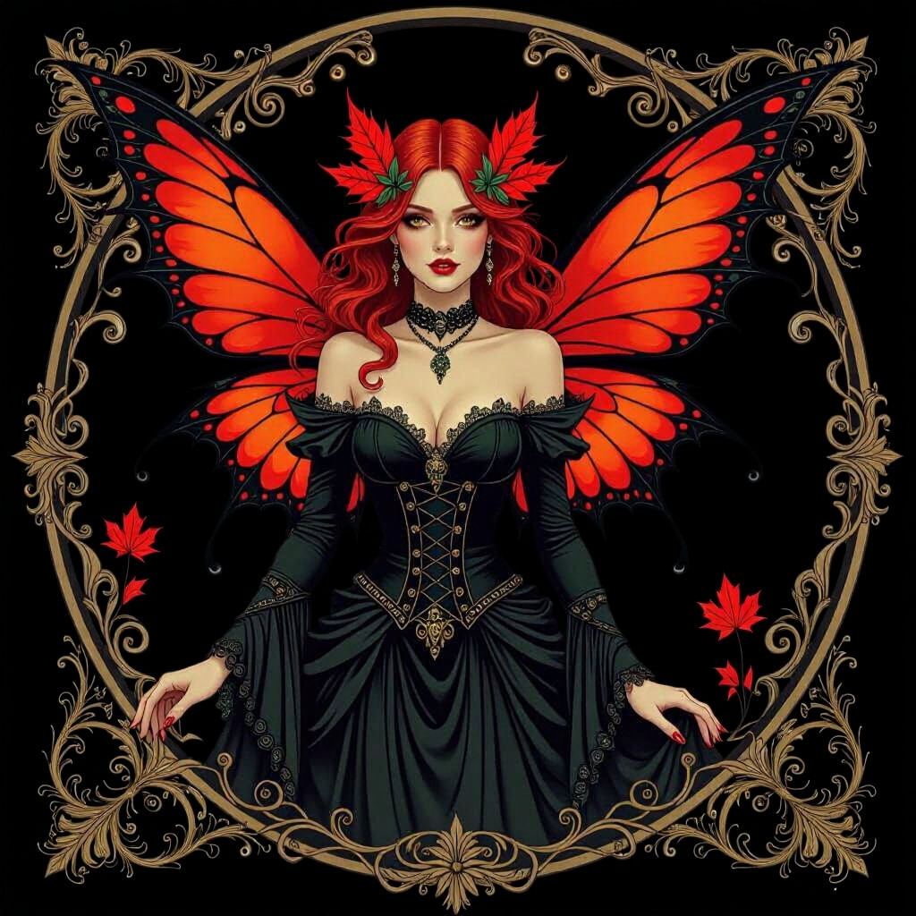 Gothic Art Nouveau Faery with Maple Leaf Wings