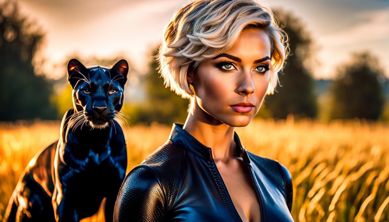 Blonde Woman and Black Panther in Open Field