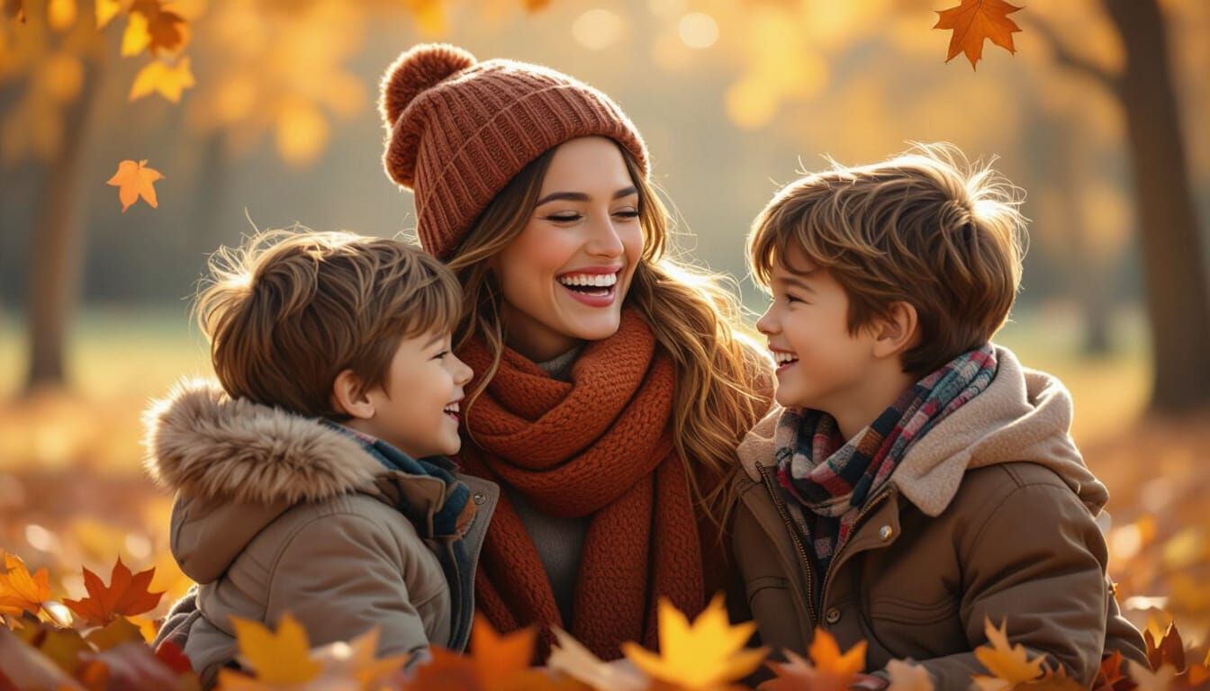 Autumnal Joy: Mother and Sons in Golden Light