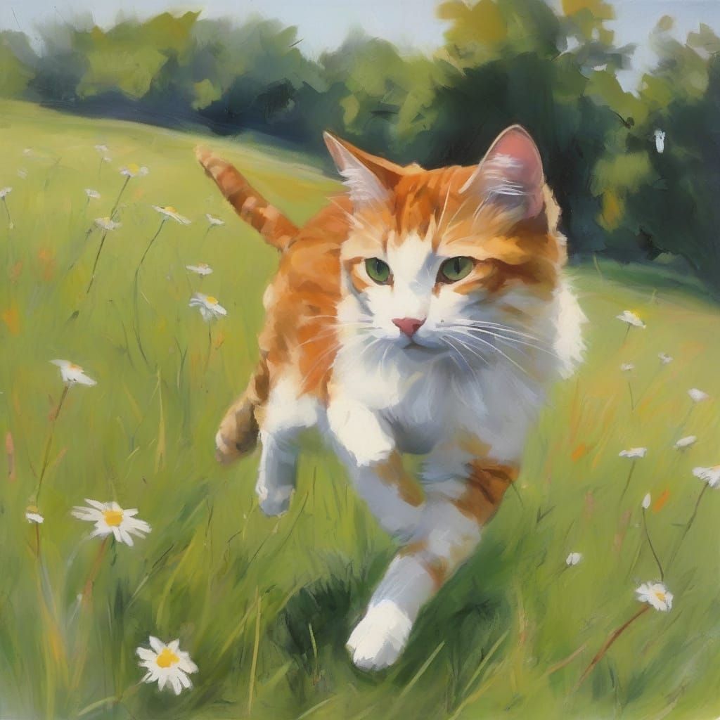 Whimsical Feline in a Vibrant Meadow Scene