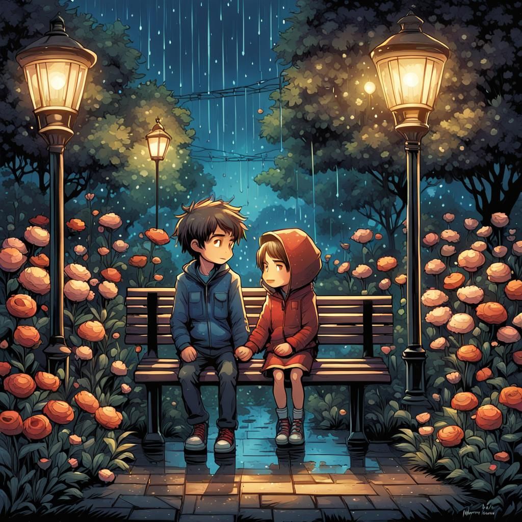 hyperrealistic cute chibi couple, holding hands,  sitting on a bench full of flowers, background of a garden at night, S...