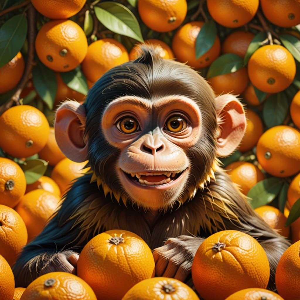 Joyful Monkey Surrounded by Golden Oranges in Vibrant Digita...
