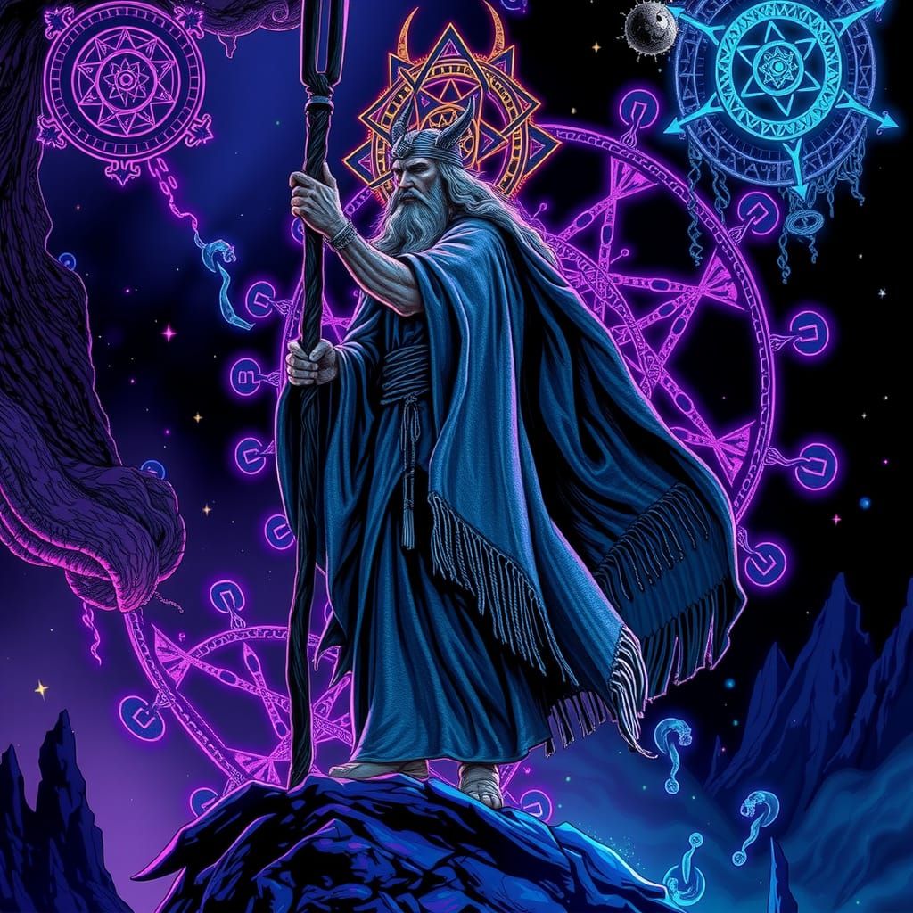 Odin in a Mystical Realm with Neon Luminescence