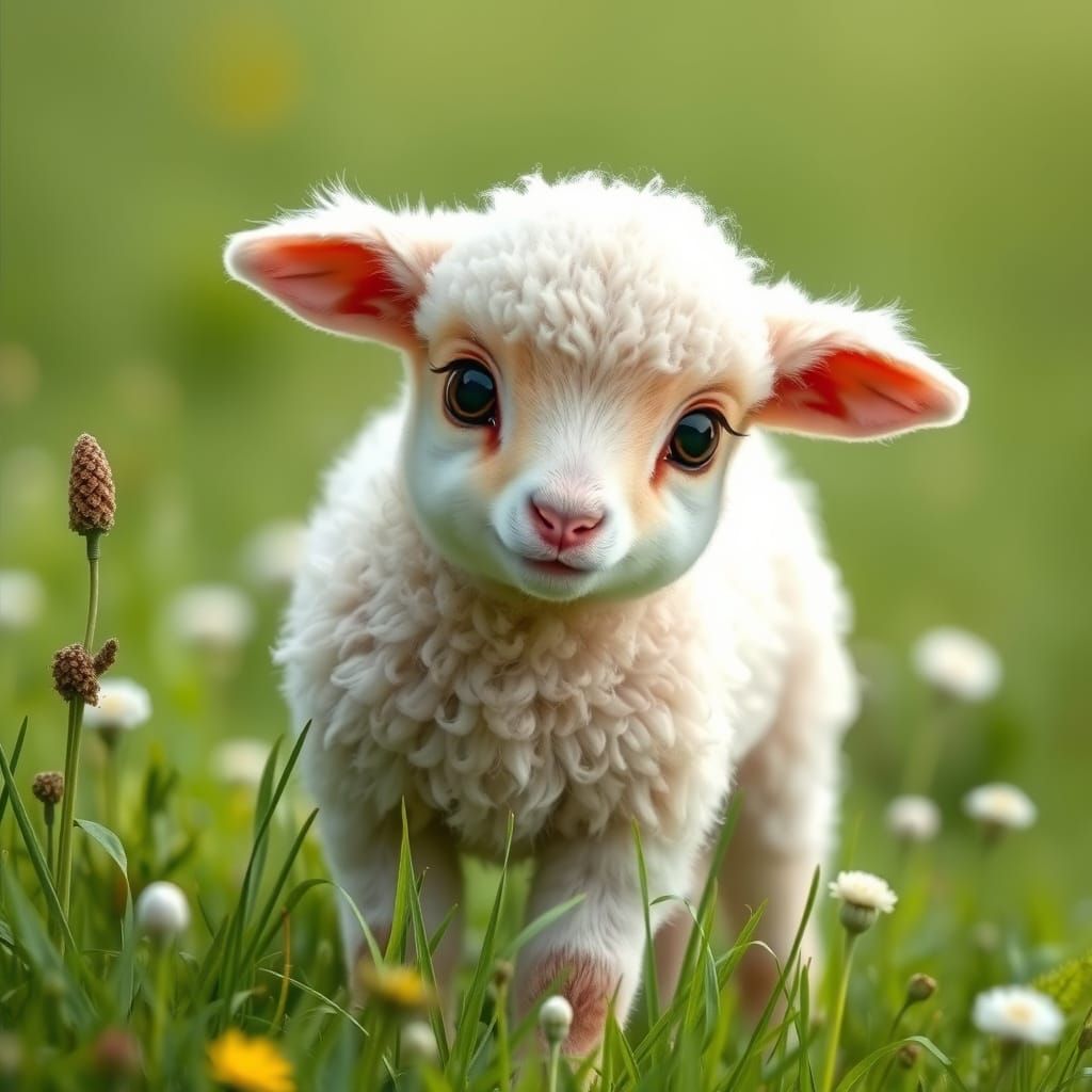 Timid Lamb in Meadow, Children's Book Illustration