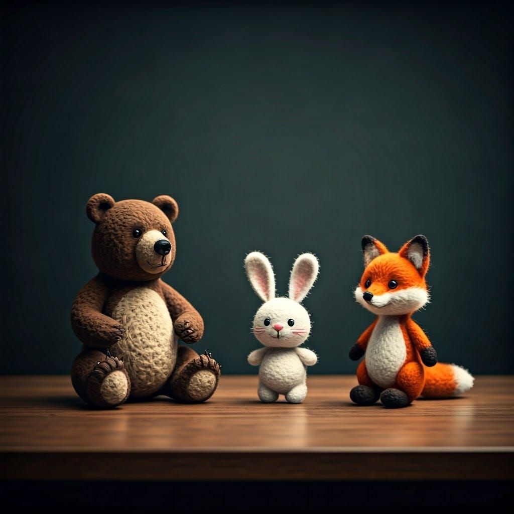 Wool Animals on Table: Cinematic Film Still