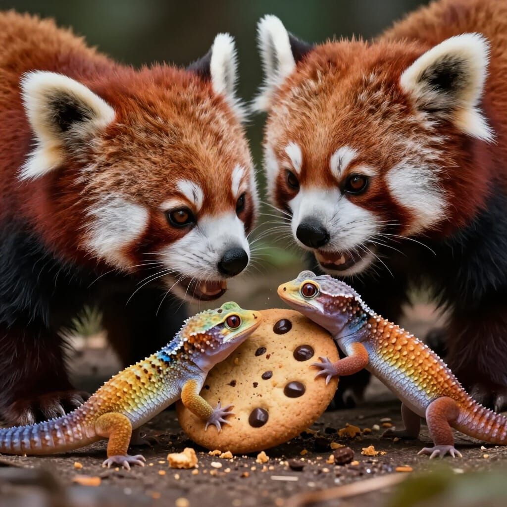 Red Panda and Gecko Fight Over Cookie in Hyperrealistic Styl...