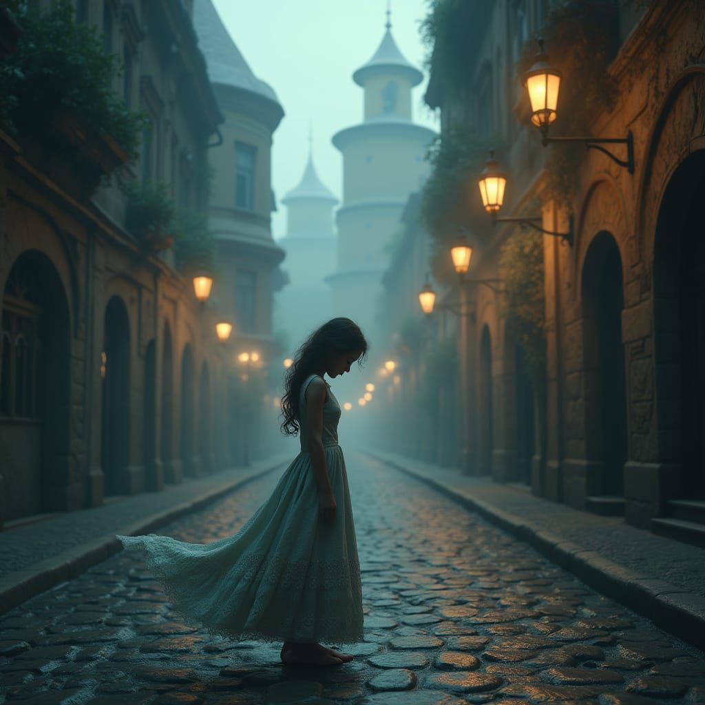 Girl in Long Lace Dress Weeps on Cobblestone Street