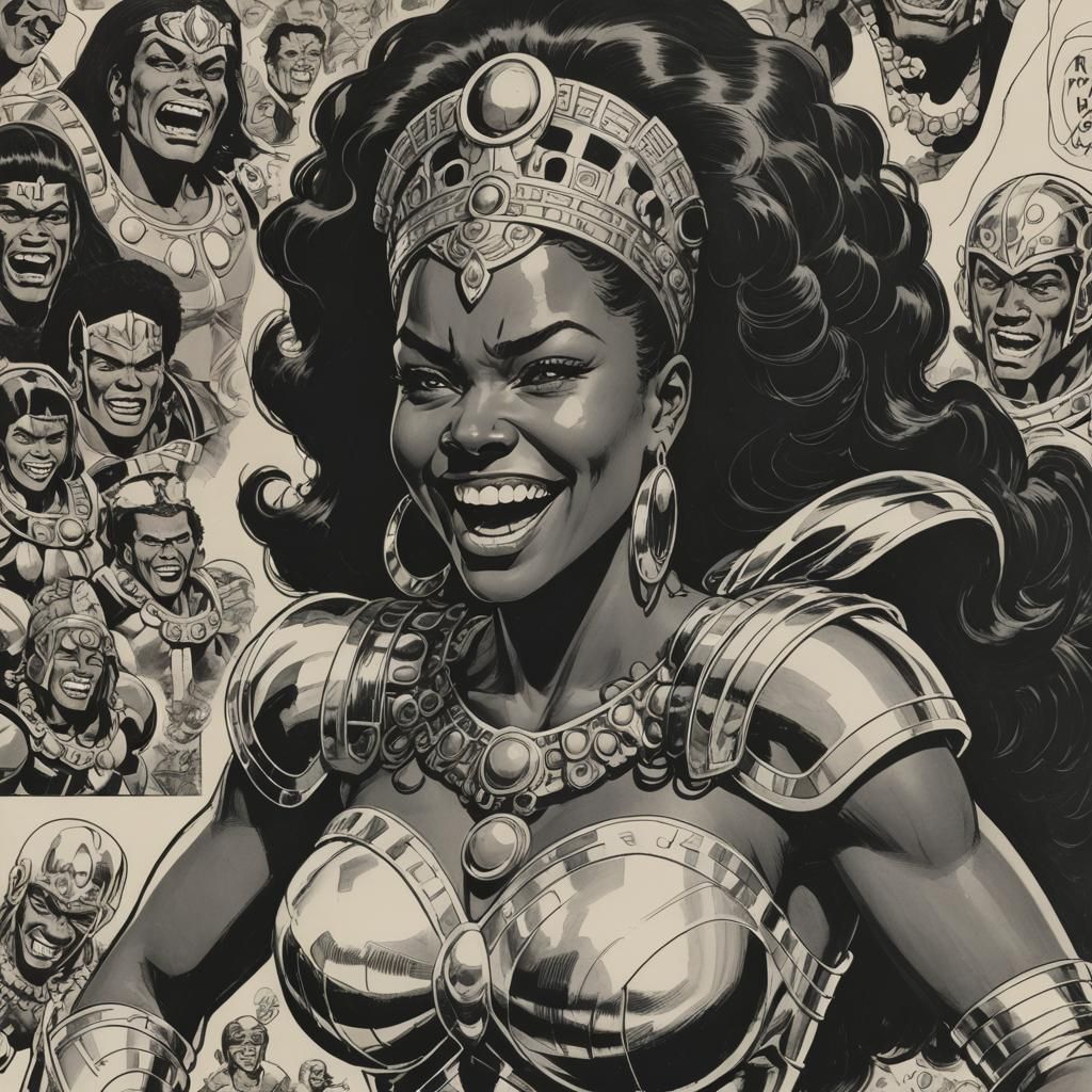 Laughing Black Warrior Princess in Comic Book Style