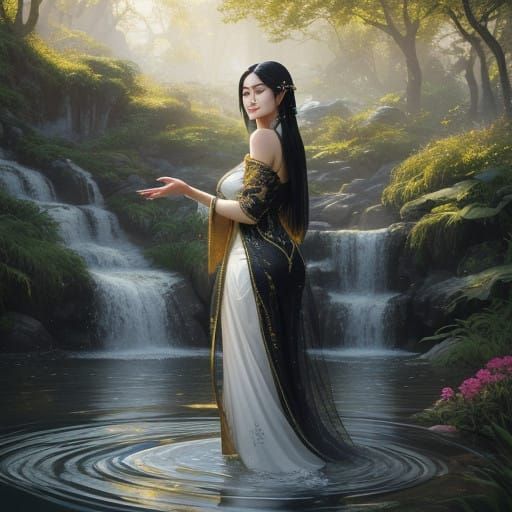 Elegant Chinese Star Girl in Serene River Landscape