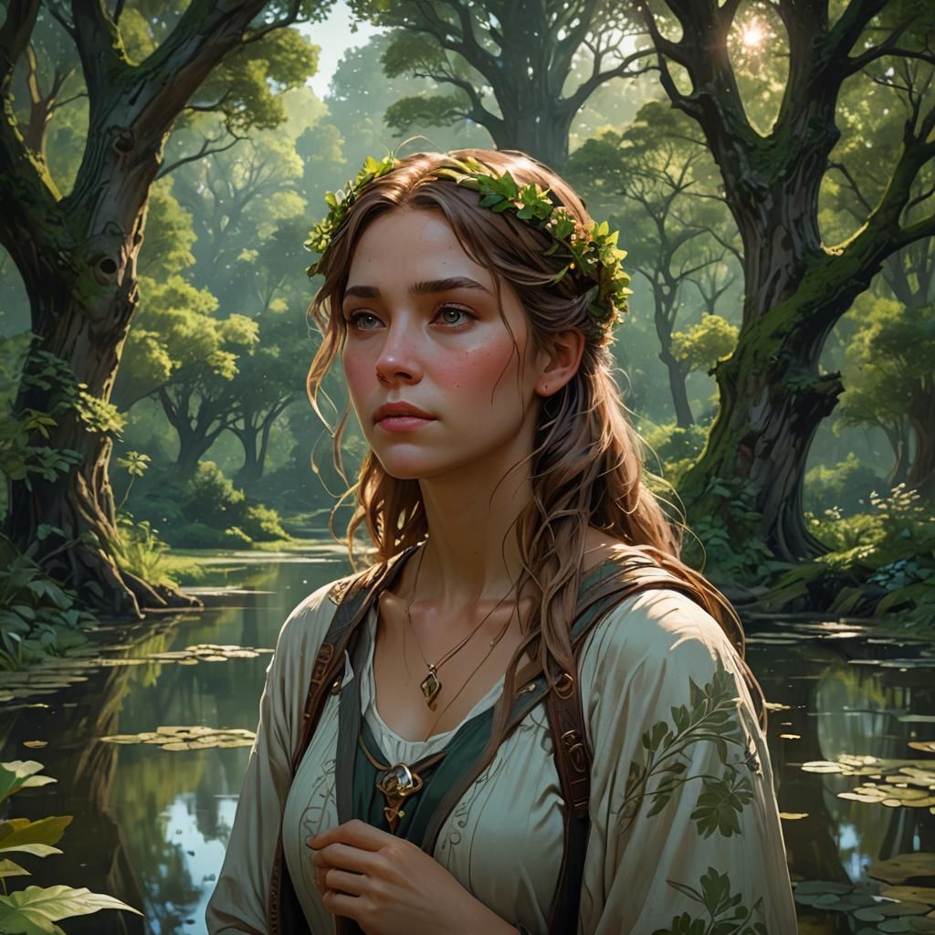 Woman in Forest Concept Art by Rutkowski, Artgerm, and Mucha