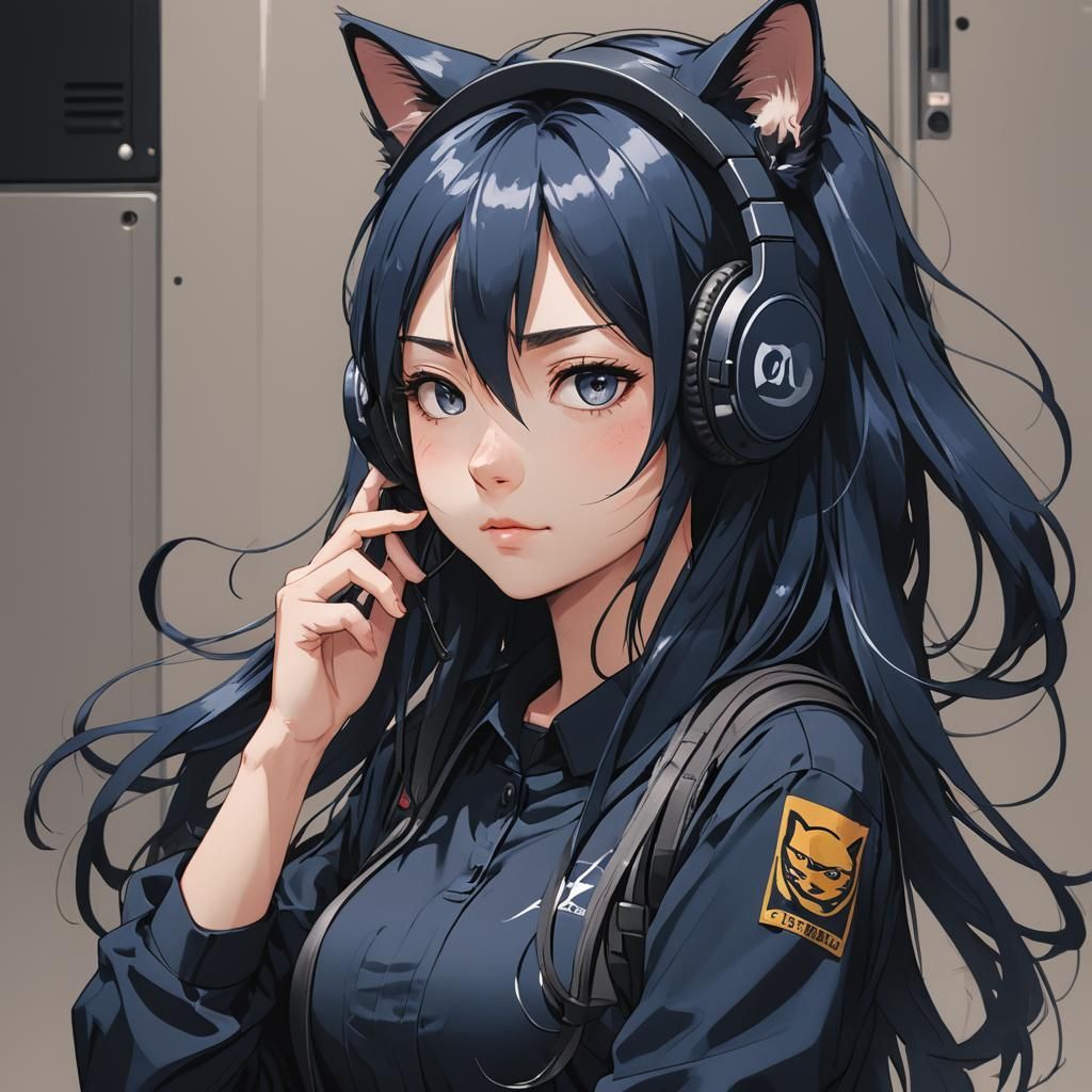 Anime Girl with Cat Headphones, Cel-Shaded Style