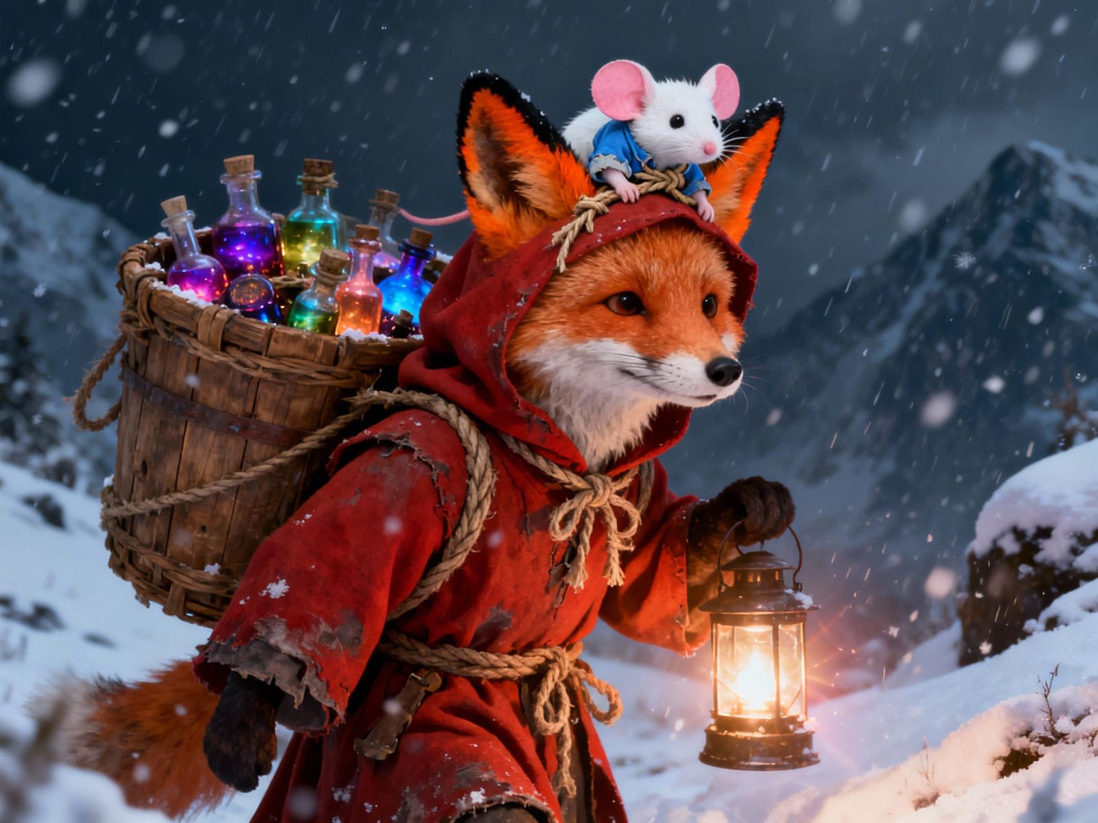 Determined Fox Hiker in Snowy Night Storm