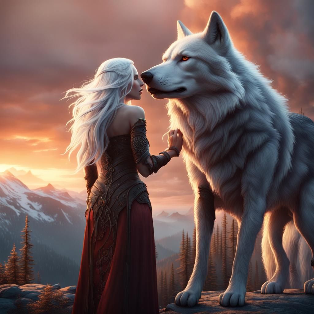 Woman and Wolf at Sunrise: Fantasy Concept Art