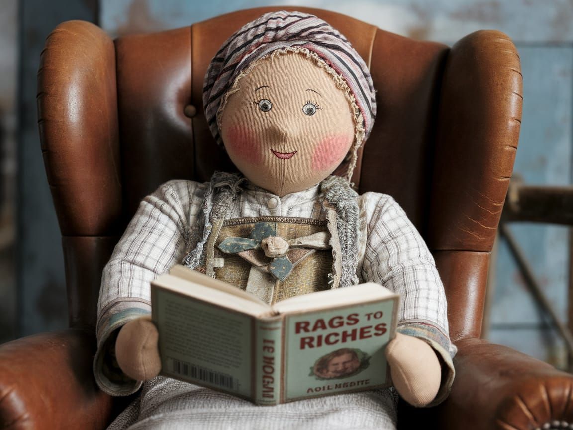 Vintage Rag Doll in Leather Armchair, Surrounded by Shabby T...