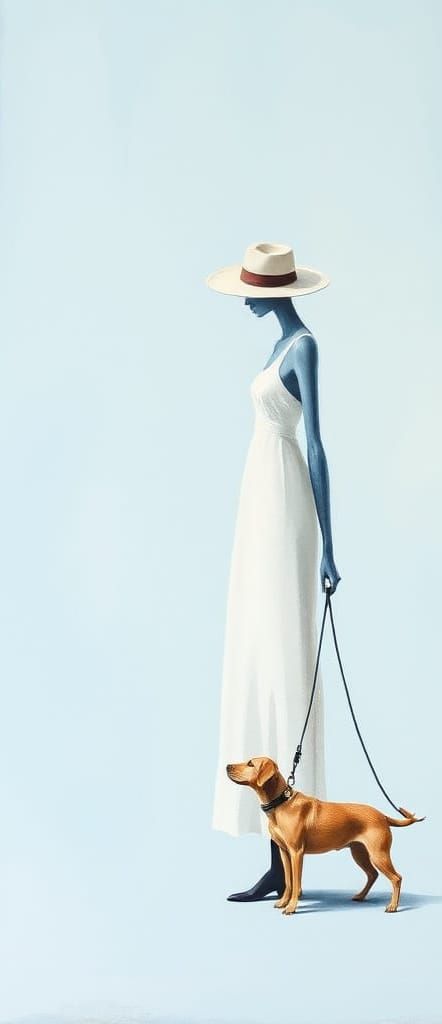 Elongated Figure in Soft Pastel Hues with a Dog