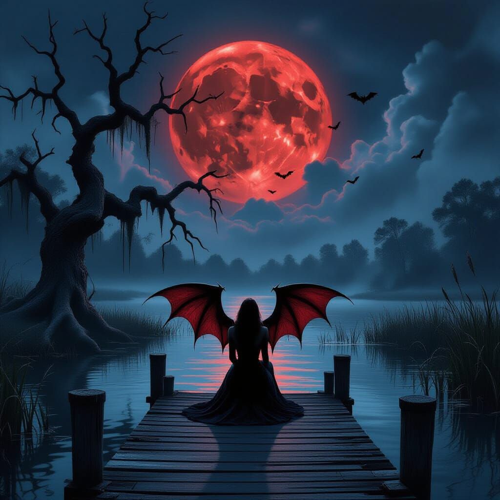 Gothic Vampire in Haunted Swamp at Bloody Moonrise