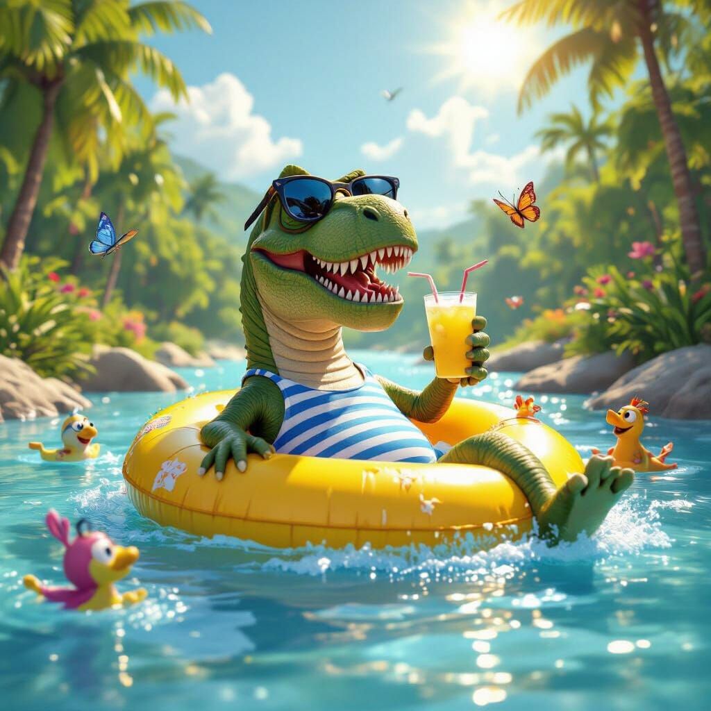T-Rex Relaxing on River Float in Pixar Style