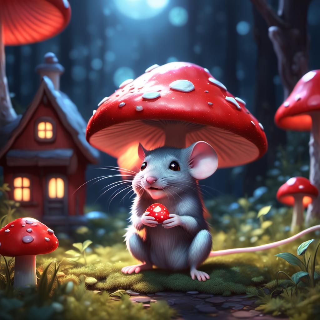 Enchanting Mouse Under Mushroom House, 3D Anime Art