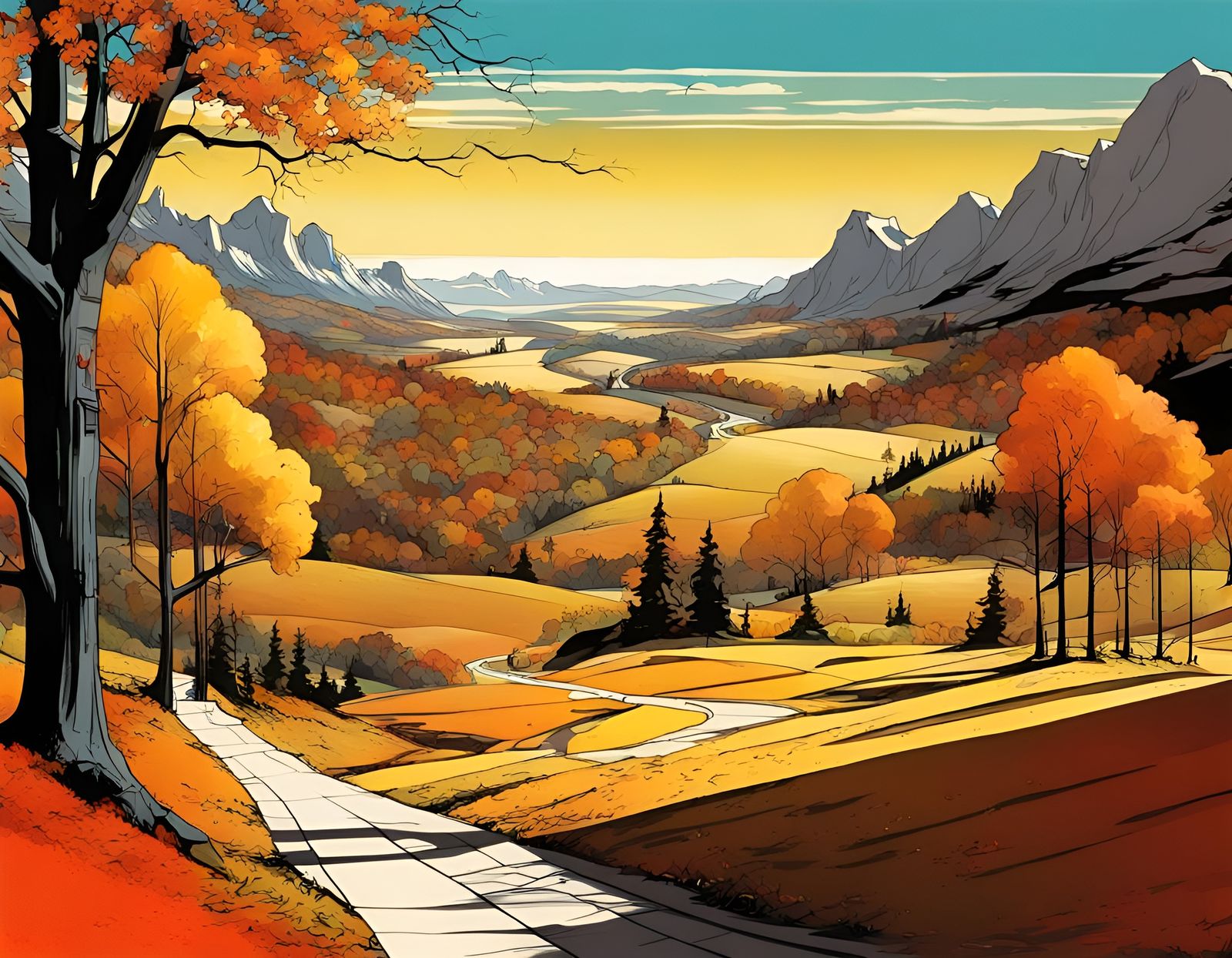 Autumn Landscape in Pop Art Deco Style