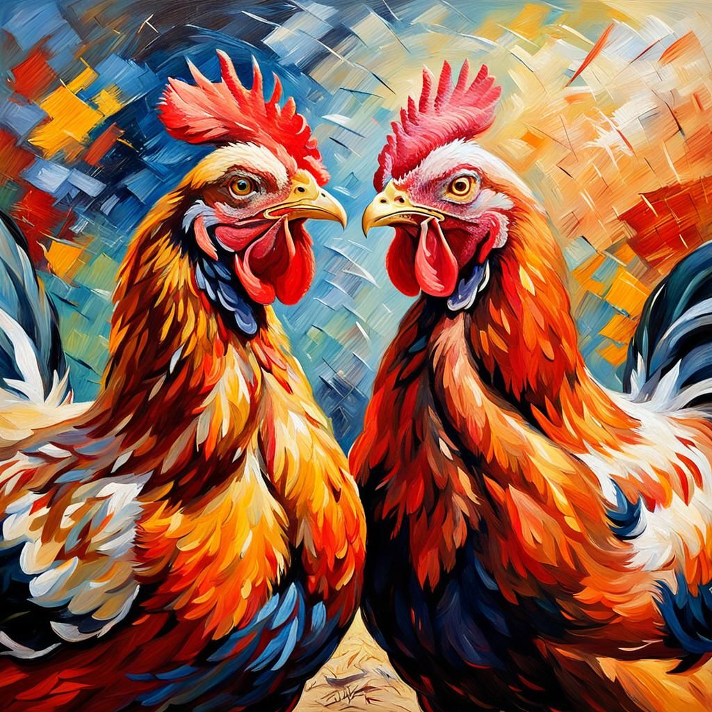 Hens Fighting: Expressionist Oil Painting in Farmyard