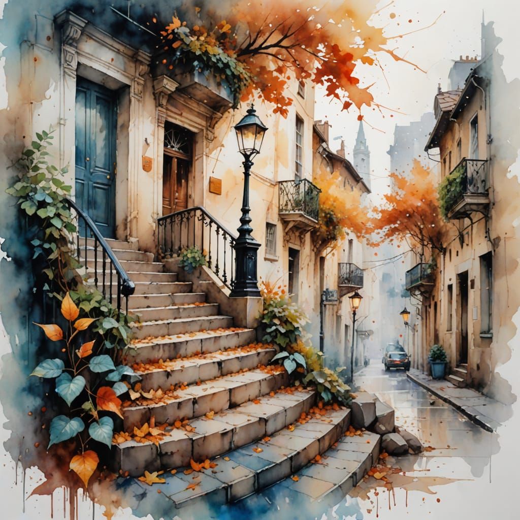 Charming Autumn Cobblestone Staircase in Watercolor Style