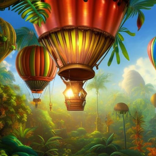 Steampunk Hot Air Balloons Over Tropical Jungle