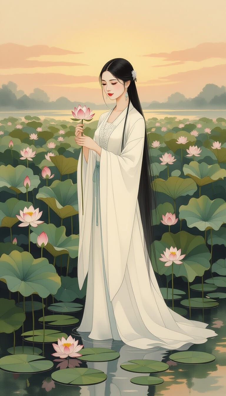 Vietnamese Woman with Lotus Flower in Dreamy Impressionism