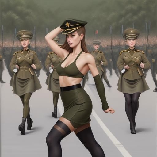 Female Soldier Marching: Oil Painting Style