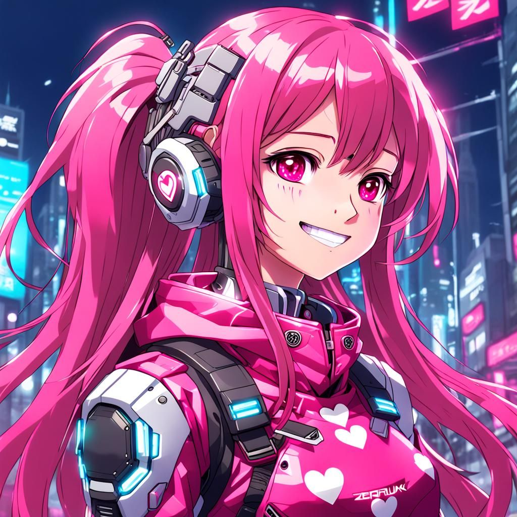Biopunk Cyborg Woman with Hot Pink Hair in Anime Style