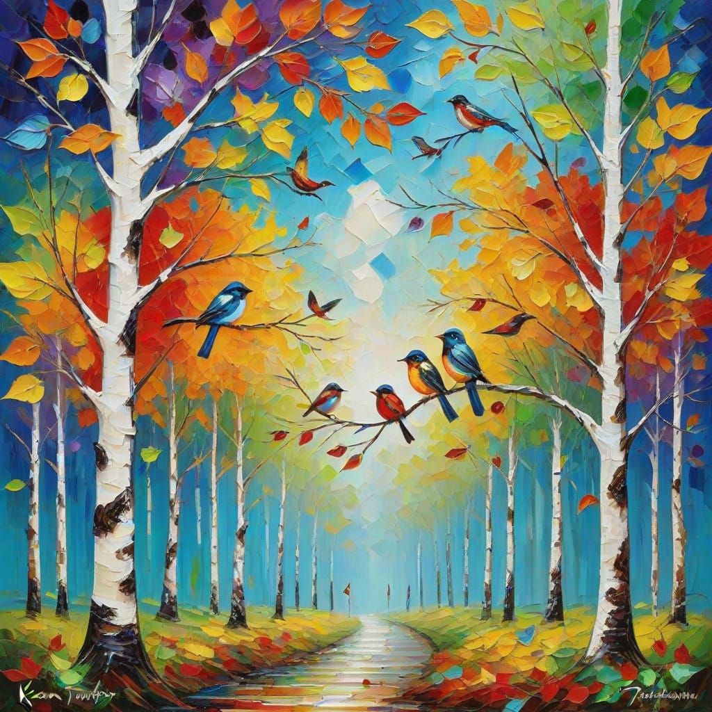 Vibrant Birch Forest Scene in Neo-Expressionist Style