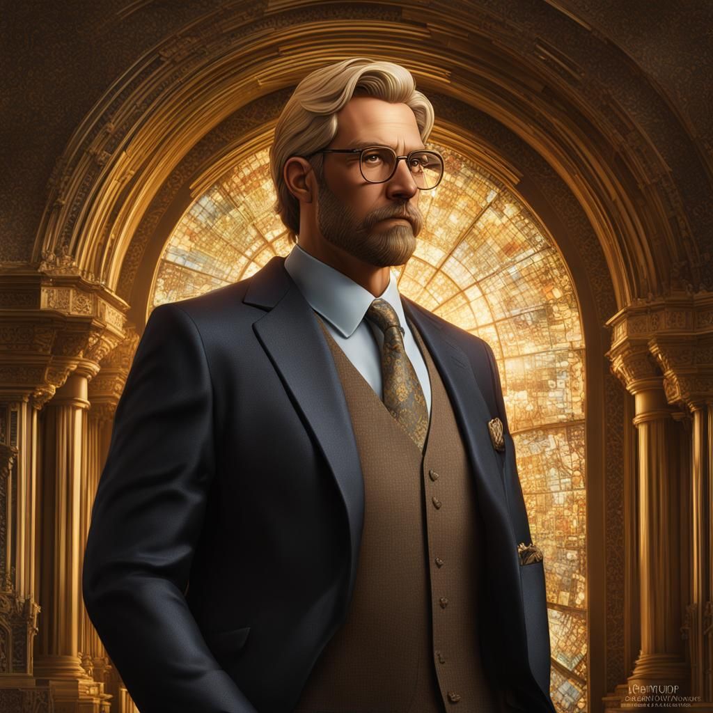 35 year old father with blond hair :: glasses shy nerdy :: plump chubby :: suit :: shoulder up portrait :: highly intr...