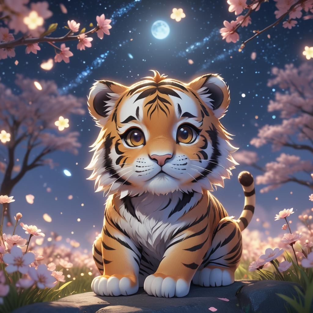 Chibi Tiger Under Starlit Sky with Sakura Petals
