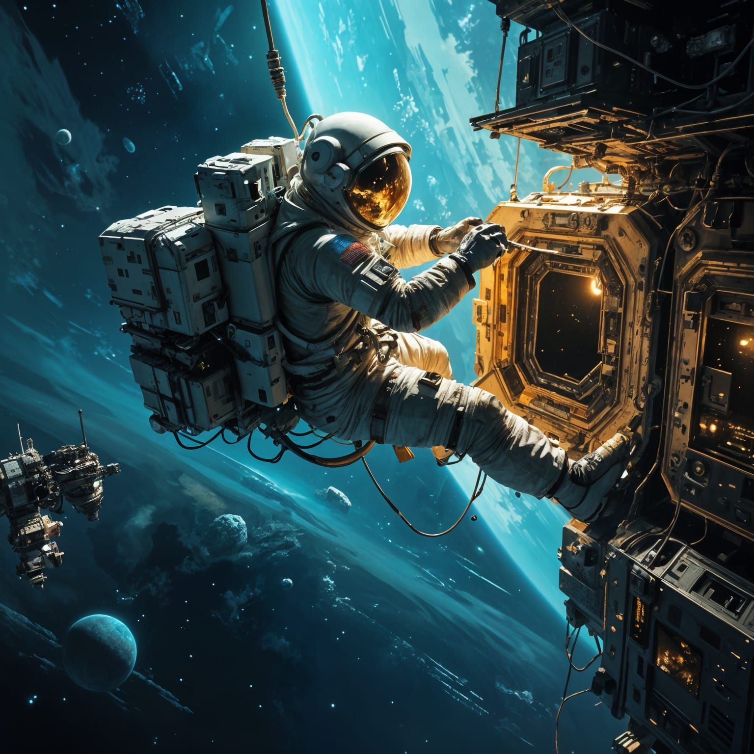 Astronaut Performs High-Tech Repairs in Vibrant Space Statio...