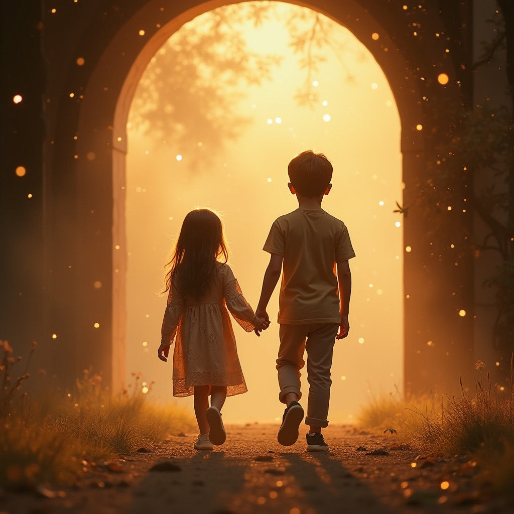 Children Emerge From Mystical Portal in Golden Hour