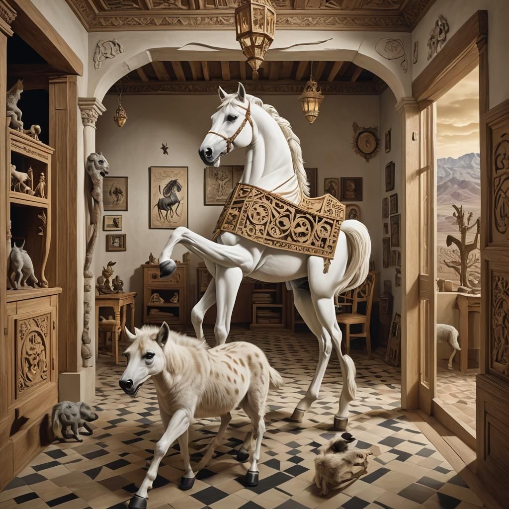 Surreal Horse Galloping in Escher-Inspired Room